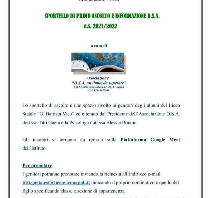Sportello di primo ascolto e informazione D.S.A. a.s. 2021/22 Liceo Statale “G. Battista Vico”